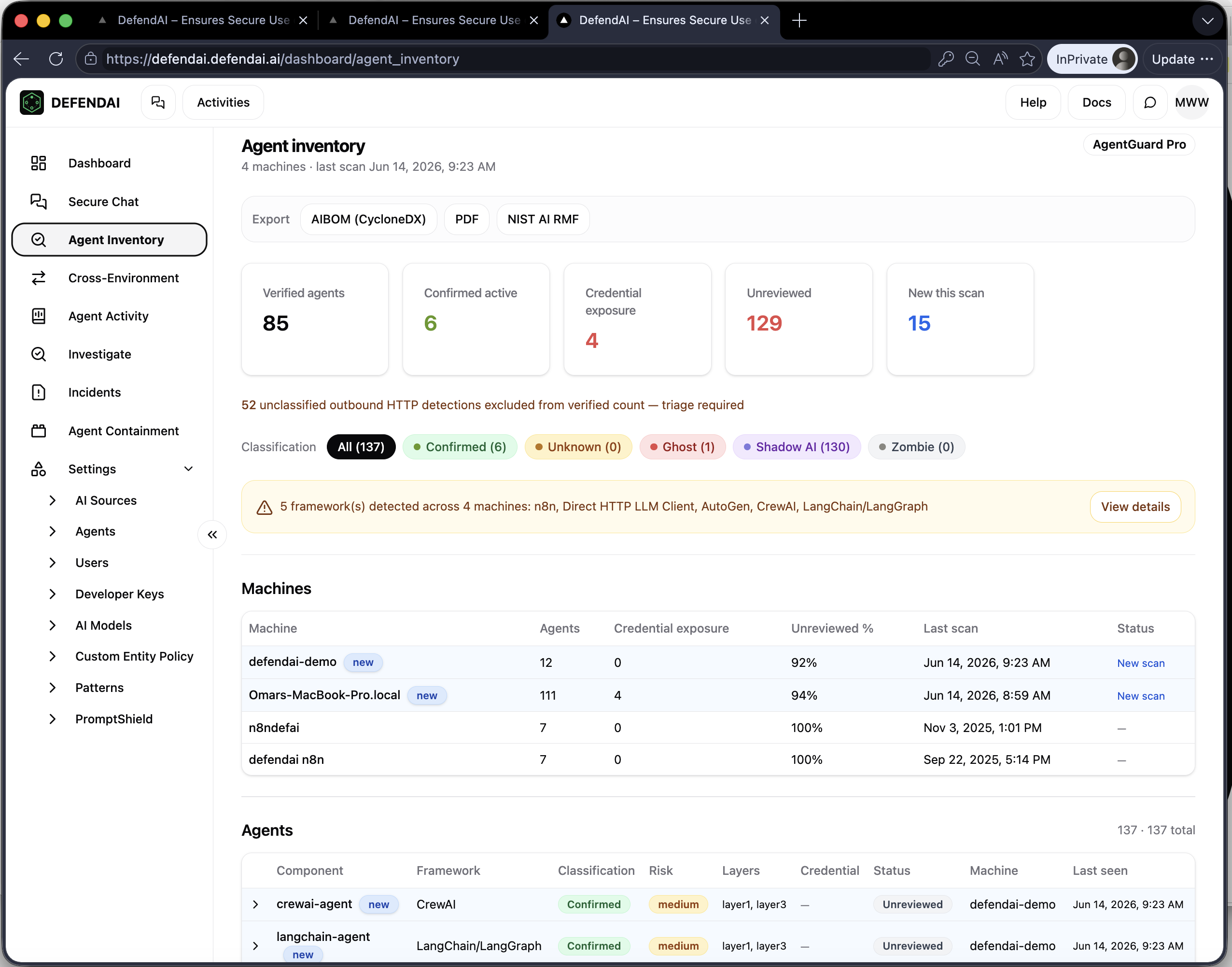 Agent inventory showing 137 agents classified across 4 machines