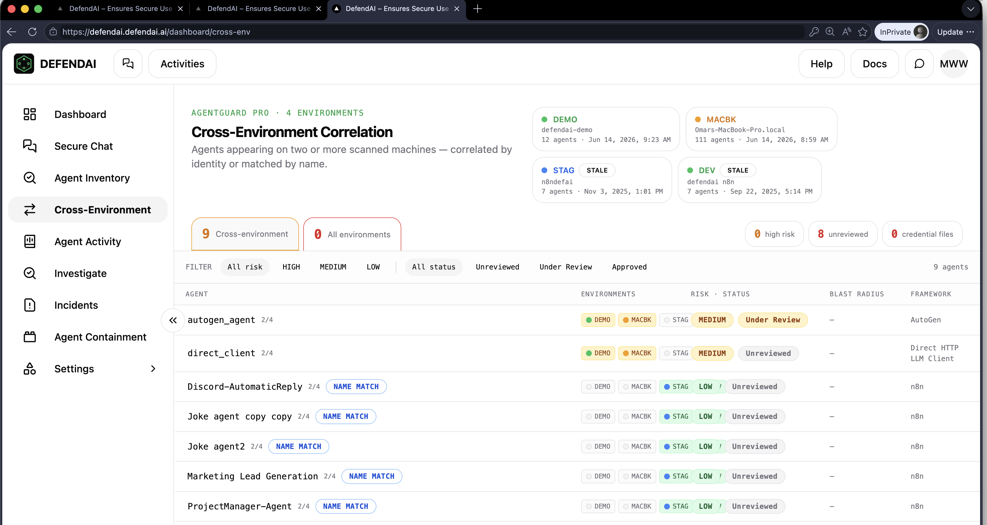 Cross-environment correlation showing same agent across DEMO, MACBK, STAG, and DEV