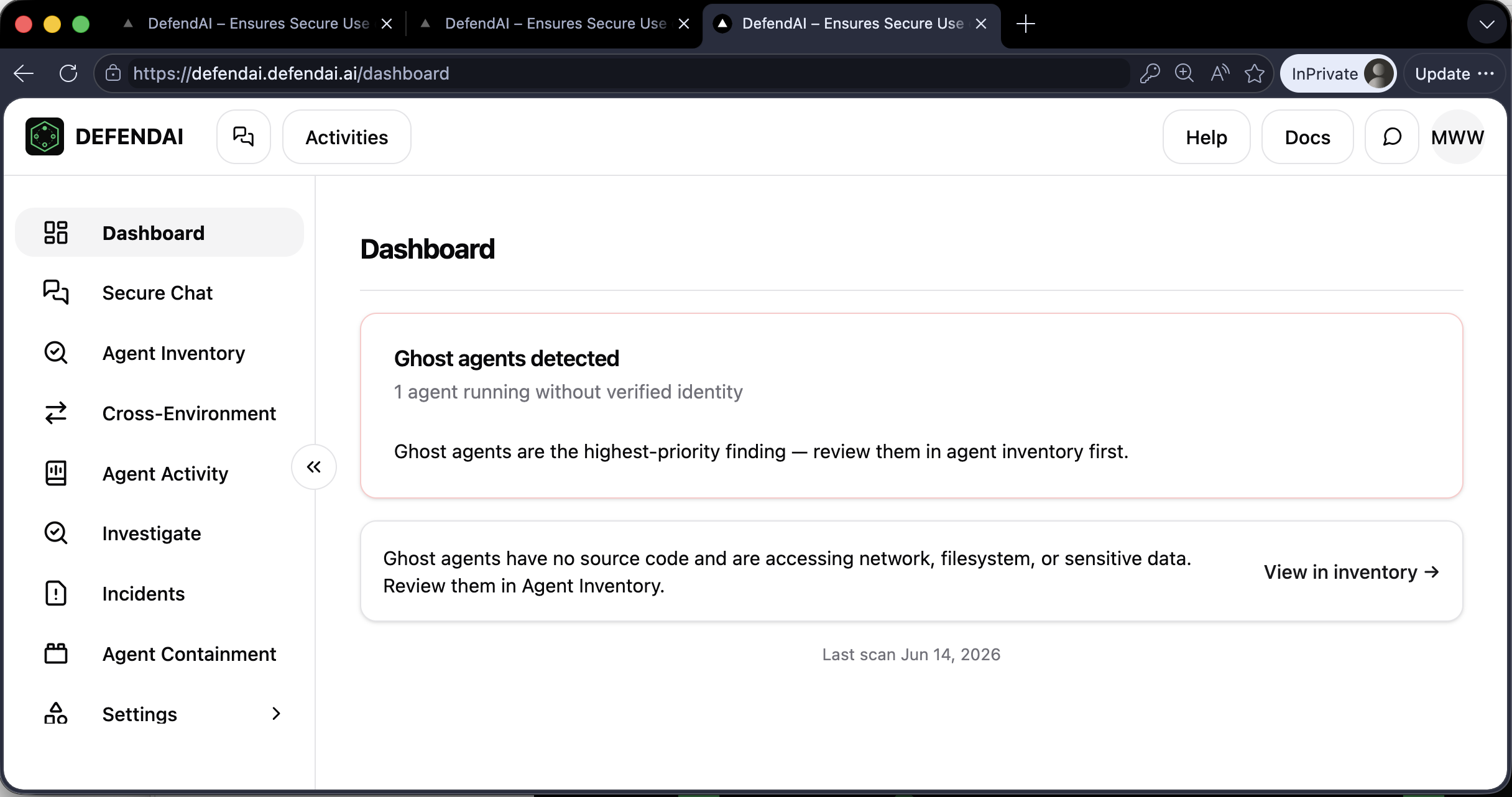 DefendAI dashboard showing a ghost agent detected across 4 environments